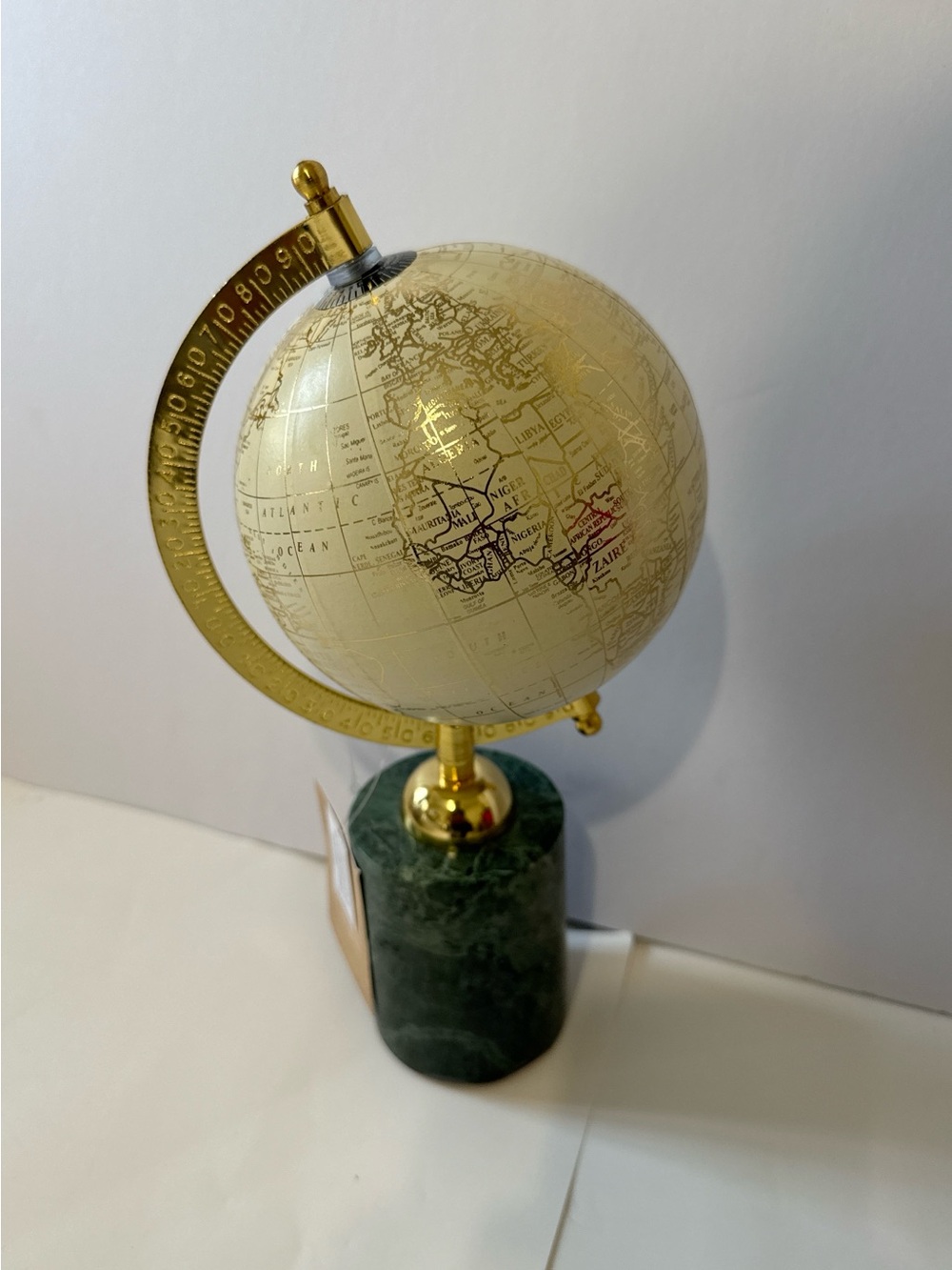 Vintage Ivory Globe with Gold Armature and Green Marble Base
